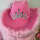 Women's Pink West Cowgirl Hat Girls Tiara Feather Felt Western Sequin Cowboy Cap Costume Party Dress Jazz Caps Cosplay Props