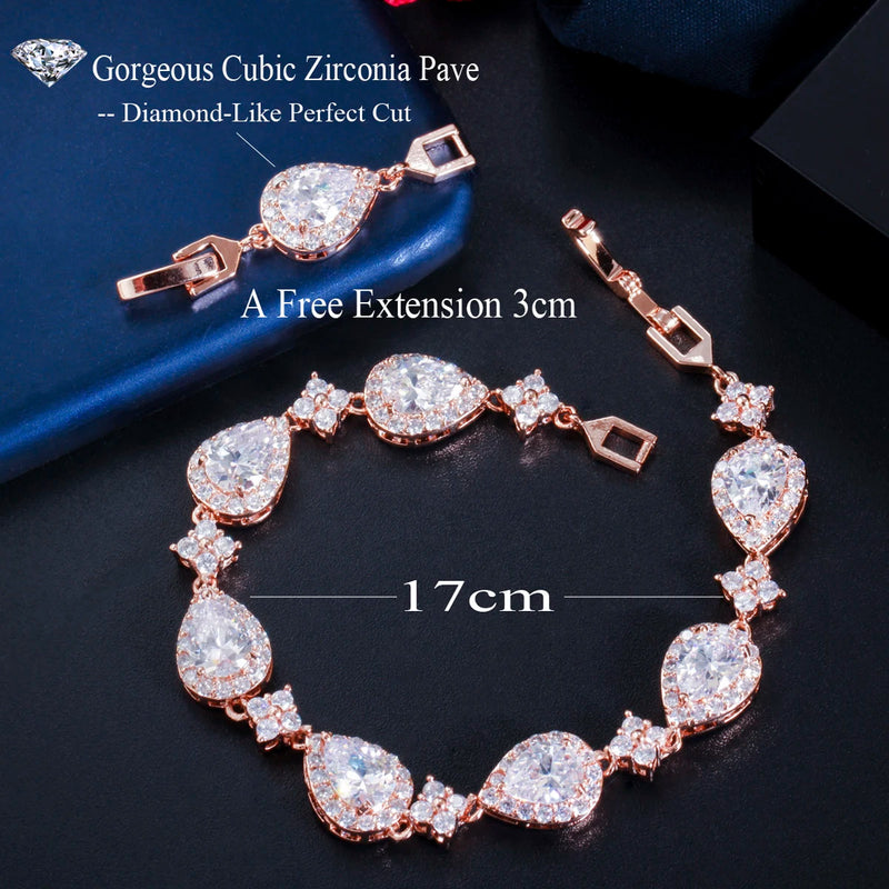 ThreeGraces Shiny Water Drop Cubic Zirconia Elegant Link Chain Bridal Bracelet for Women Luxury Wedding Party Jewelry BR375