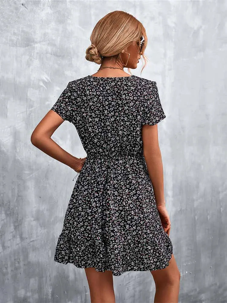 Summer Short Boho Dress Women V Neck Print Floral Party Dress Ladies Bohemian Flower Mini Dress For Women