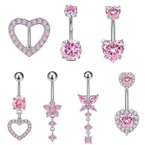 14G Stainless Steel Heart Dangled Belly Button Rings Belly Piercing Nombril for Women Girls Pink Zircon Crystal Sexy Navel Ring