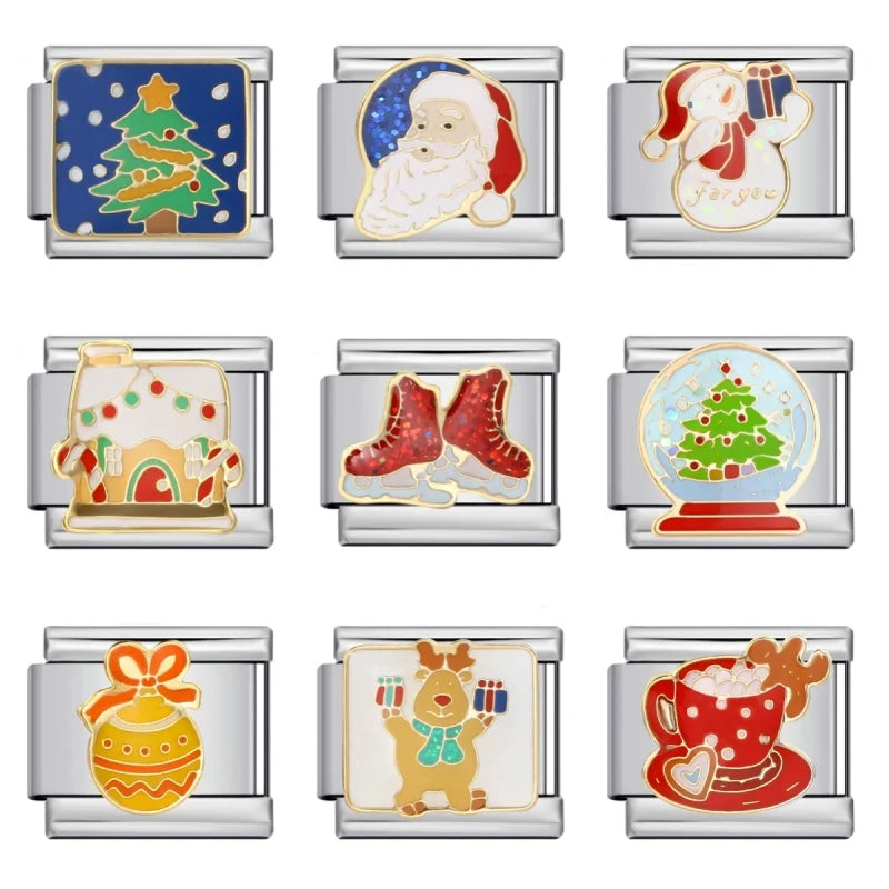 2024 New Christmas Tree gift Snowflake Snowman Old Man Italian charm module Link fit for 9mm bracelet making DIY jewelry