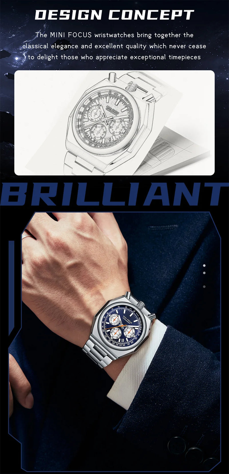 MINI FOCUS 0601 Multifunctional Unique design Quartz Watch for Men Calendar Luminous Stainless Steel Strap Bull Head Mens Watch