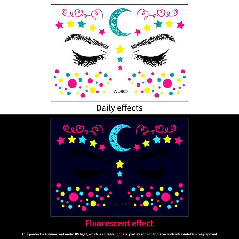 1Pc UV Neon Butterfly Flower Face Tattoo Stickers 14*15cm Waterproof Fluorescent Body Sticker for Club Party Makeup Face Sticker