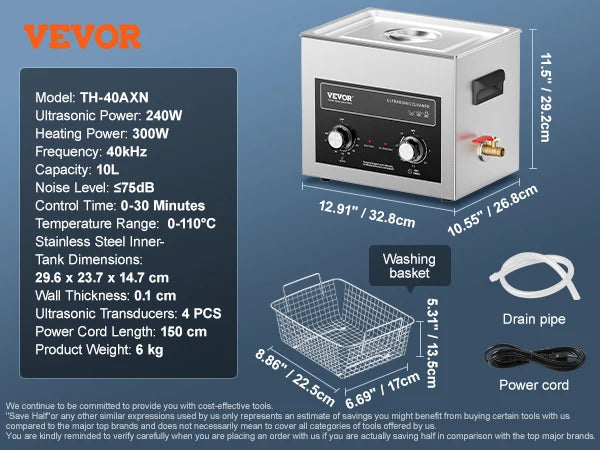 VEVOR Ultrasonic Cleaner with Heater Timer 2/3/6/10/15/30L for Lab Tools Metal Parts Carburetor Brass Auto Parts Engine Parts