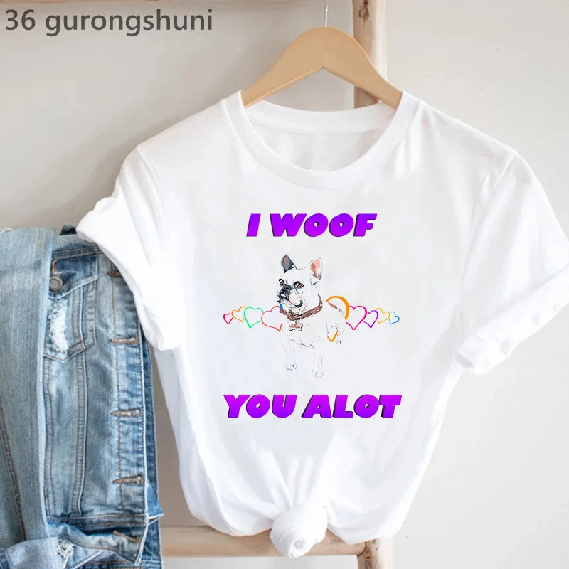 Frenchies In Love Animal Print T-Shirt Women'S Clothing French Bulldog Tshirt Femme Harajuku Kawaii Clothes Dog Lover T Shirt