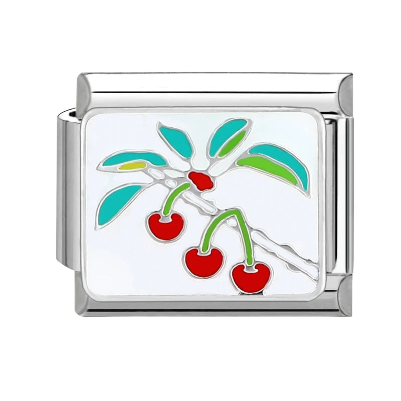 Sweet Red Cherry Bow Knot Heart Pendant Cherry Italian Charm Links Fit 9mm Stainless Steel Bracelet Women Jewelry DIY Making