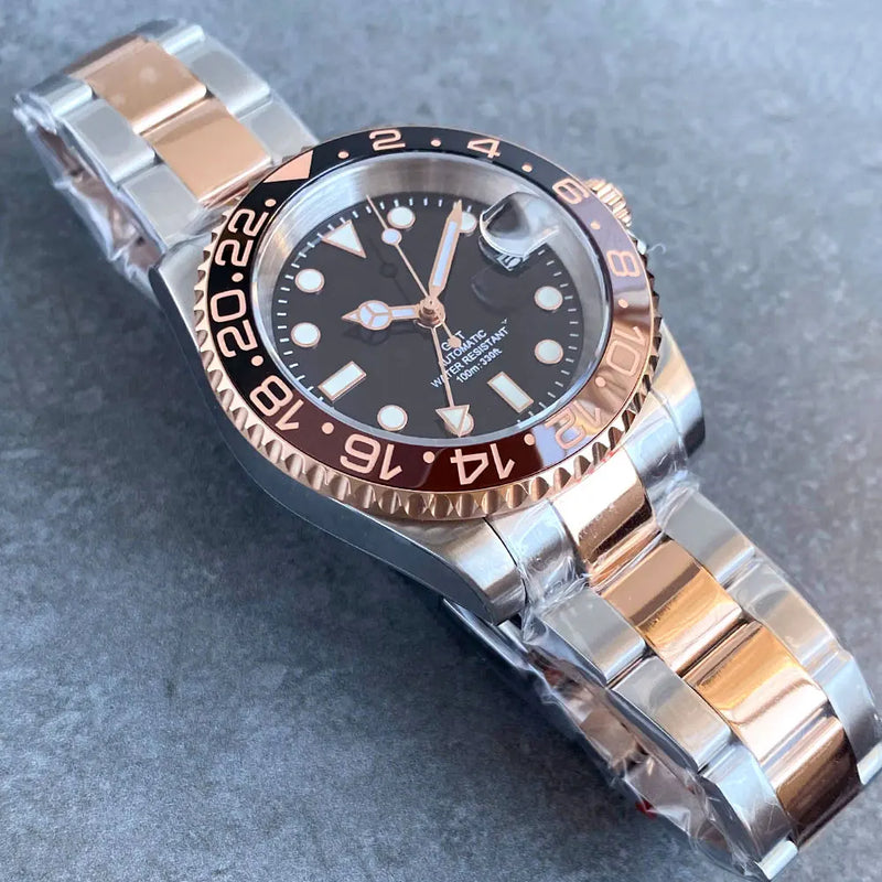 Gold Tow Tone NH34A GMT Movement Diving Watch for Men Automatic Watches Mechanical Swim Jubilee Bracelet 200m Waterproof Date
