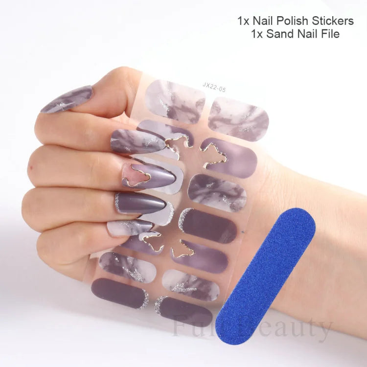 Gel Nail Stickers Lacquer Strips Full Cover Adhesive Slider Wraps With Line Foil Design Sanding File Nail Art Accessories LAJX22