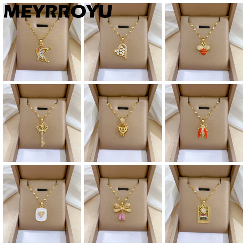 MEYRROYU 316L Stainless Steel Necklace Golden Butterfly Heart Cheetah Pendant Clavicle For Women Gift Jewelry Accessories Bijoux