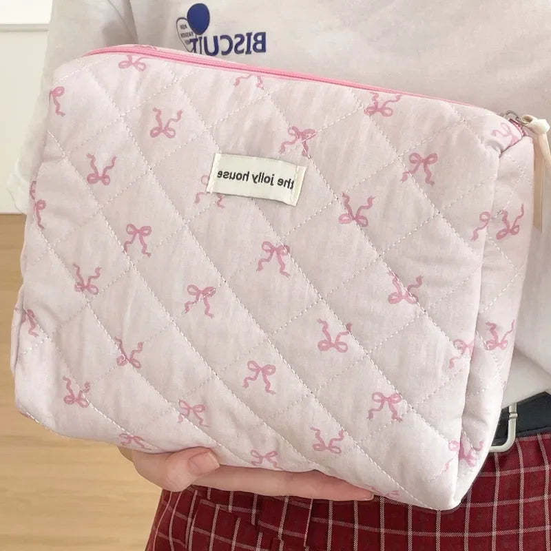 Female Handbag Toiletry Pouch for Girls 2024 Pink Bowknot Quilting Women Cosmetic Bag Portable Zipper Makeup Travel Organizer