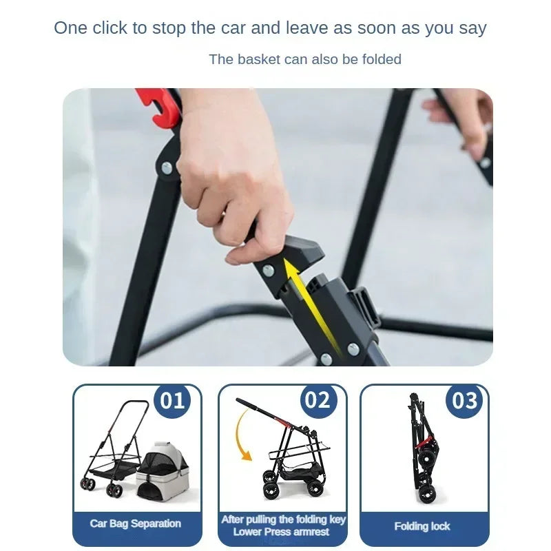 Suitable for dogs and cats to use outdoors. Foldable pet stroller, four-wheel dog travel cart, with storage basket