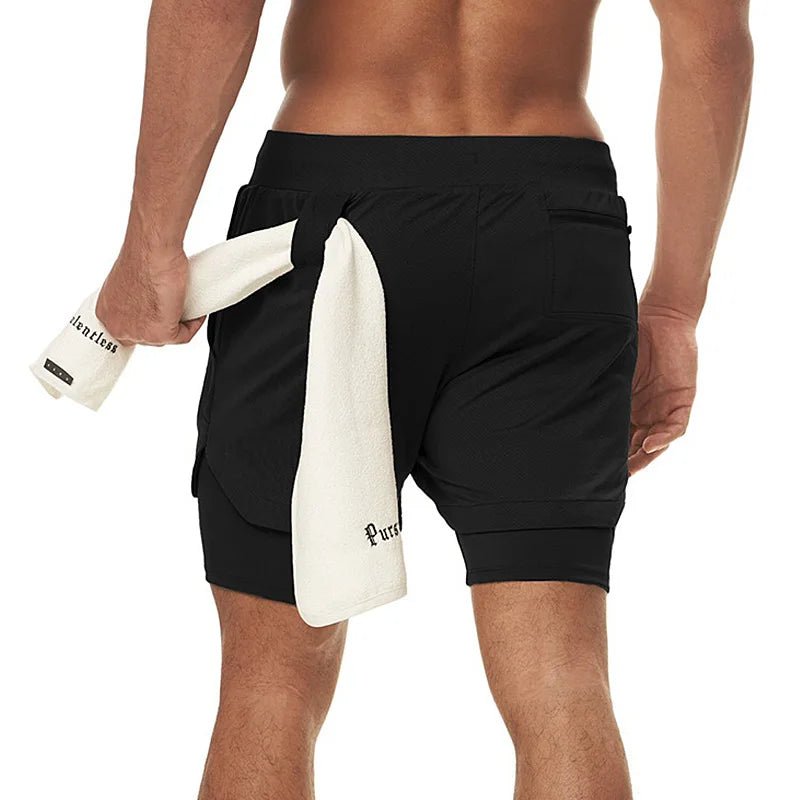 Mens Gym 2 in 1 Double-deck Running Quick Dry Shorts Jogging Fitness Training Sweat Short Pants Male Sports Workout Sweatpants