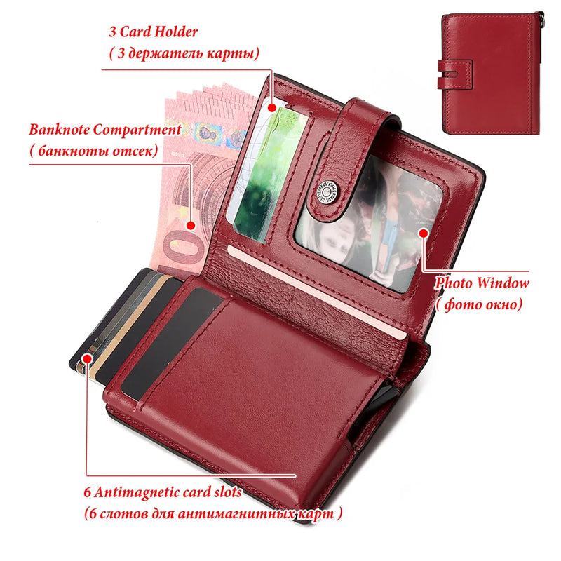 Mini Pop-Up Card Holder Genuine Leather Women Wallets RFID Blocking Protect Aluminum Cards Case Light Slim Purse with Chain