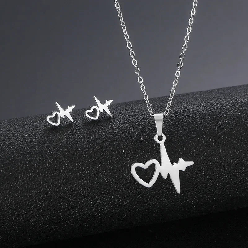 Stainless Steel Jewelry Sets EKG Heartbeat Music Note Necklaces &  Earings Set Nurse Doctor Medical Stethoscope Wave Couple Gift