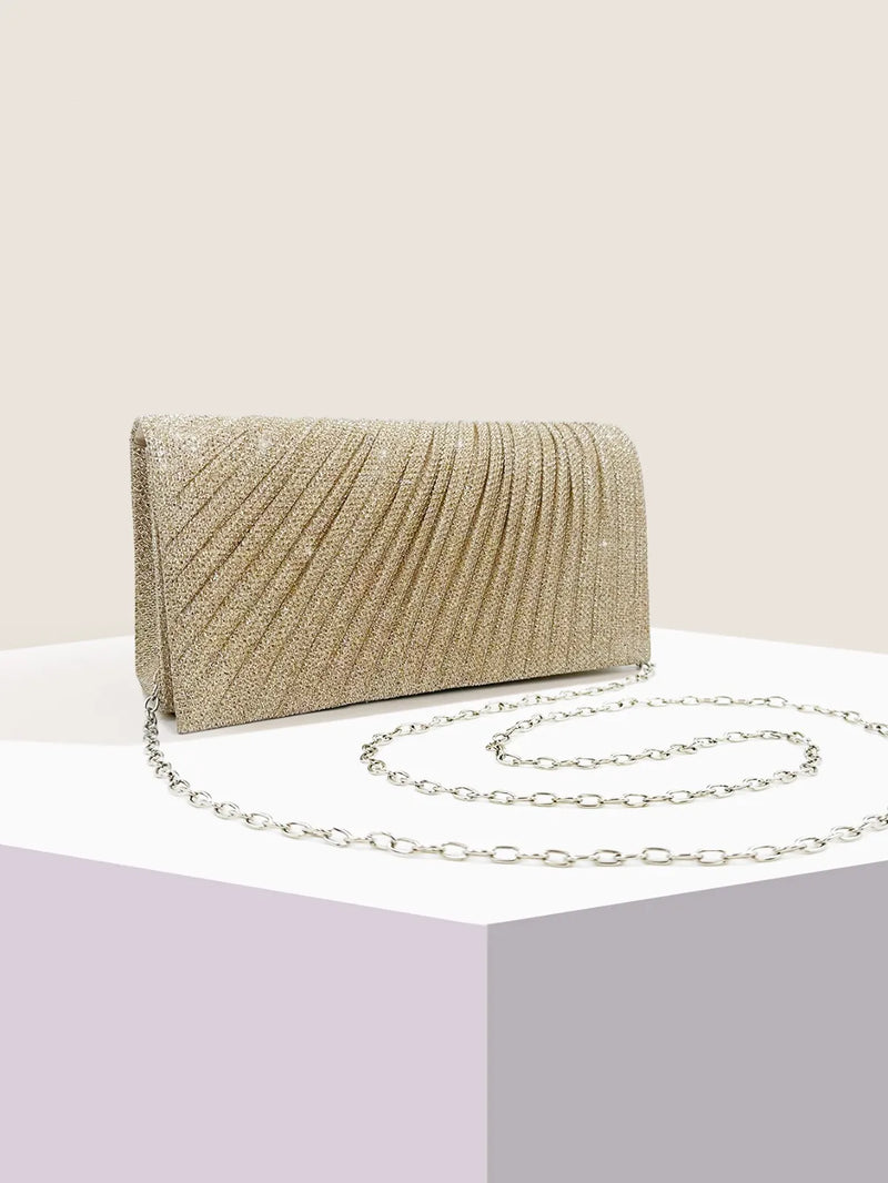 Women Fold Glitter Handbag Shiny Envelope Evening Bag Ladies Pleated Silver Clutch Chain Wedding Party Mini Long Purse XA12ZD