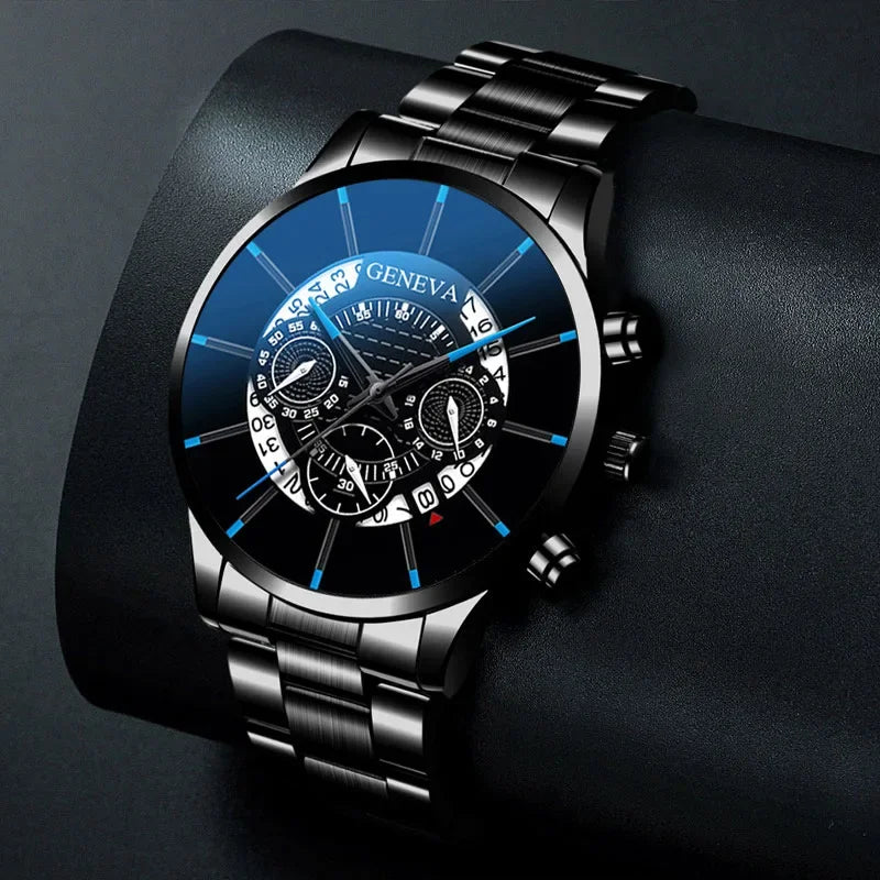 Luxury Hollow Out Men's Watches Fashion Business Calendar Blue Stainless Steel Mesh Belt Analog Quartz Watch Relogio Masculino