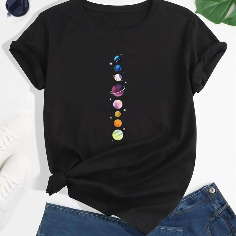 Women's Planet Print Crew Neck T-Shirt, Casual Short Sleeve T-Shirt, Casual Every Day Tops, Women's Clothing