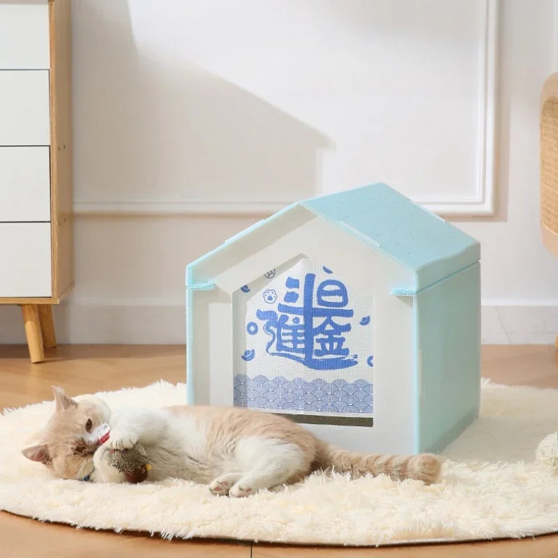 Foldable Cat House with Cat Scratching Board Waterproof Pet House Washable Cat Cave House Breathable Dog Nest Removable Cat Bed