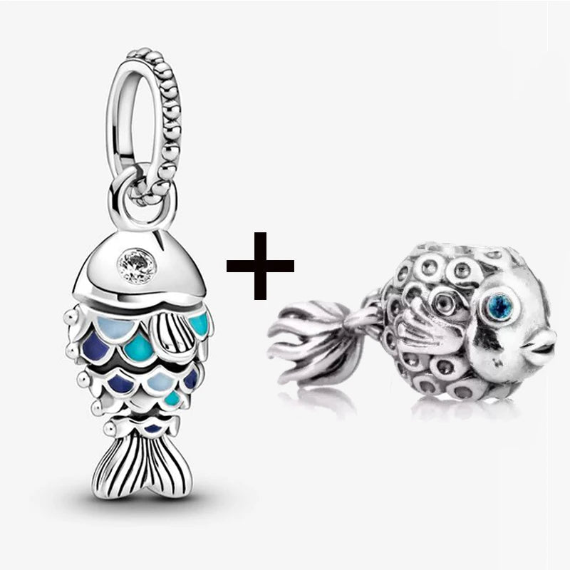 2Pcs/Lot Crystal Blue Scaled Fish Bead With Pendant Fit DIY Brand Charm Bracelet  For Women's Summer Jewelry To Making Gift