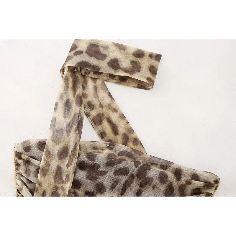 Aoaiiys Leopard Print Crop Top Women Tulle Tops Y2k Ruched Tops Sexy Backless Sleeveless Summer Pleated Beach Halter Top 2024