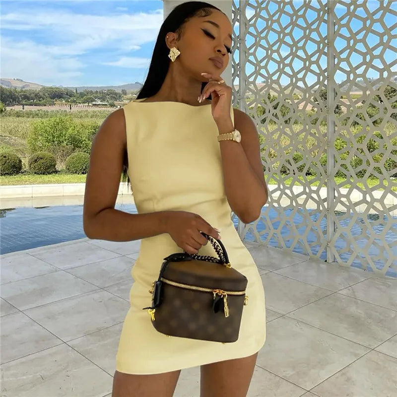 Mozision Fashion Sleeveless Sexy Mini Dress For Women Solid Color O Neck Zipper Two Layer Bodycon Club Party Dress Elegant