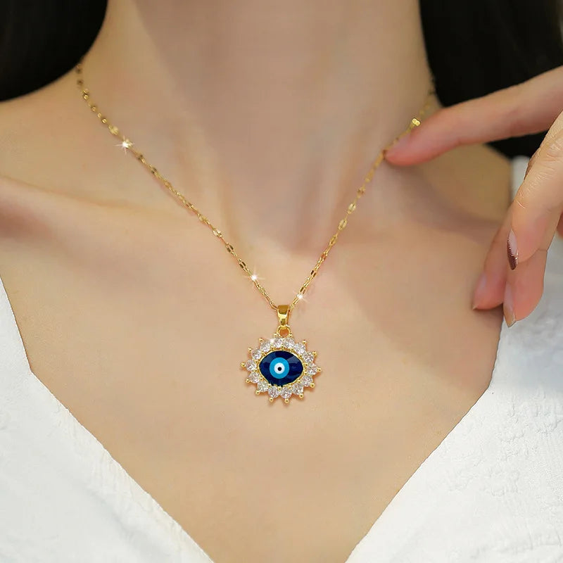 Blue Enamel Evil Eye Pendant Necklace Gold Color Female Fashion Jewelry CZ Zircon Clavicle Chain Women Necklace 2024 New