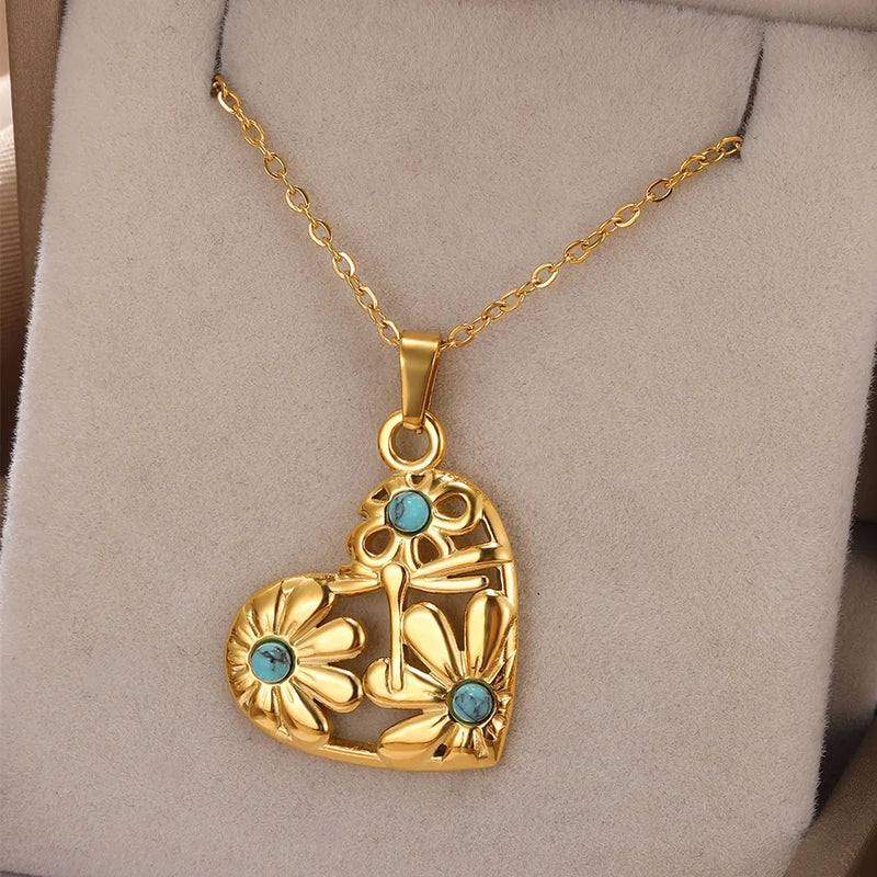 Love Heart Stainless Steel Necklace for Woman Gold Color Zircon Fashion Pendant Chain Jewelry collares para mujer