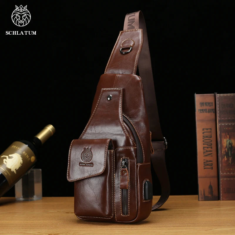 حقيبة صدر من الجلد الطبيعي من SCHLATUM للرجال، حقيبة كتف متعددة الوظائف، حقيبة كتف كبيرة الحجم، حقيبة كتف أنيقة كاجوال