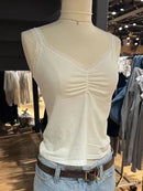 Folds V-neck Bow Black Tank Tops Women Lace Trim Cotton Sleeveless Slim Cropped Camisole Solid Vintage Sweet Summer Crop Top Y2k