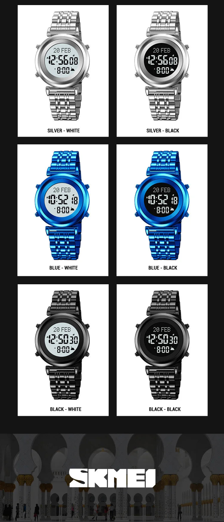 SKMEI 2139 Steel Muslim Azan Digital Watch Mens Back Light Waterproof  Wristwatch Prayer Qibla Compass Alarm Clock watch 1861