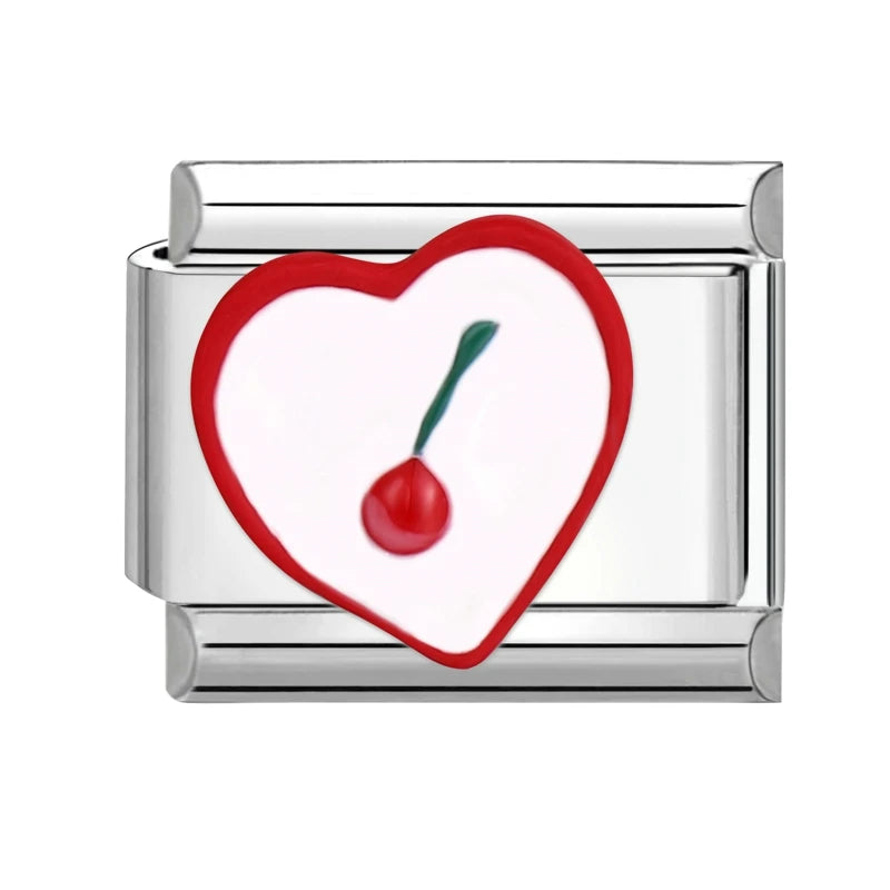 Sweet Red Cherry Bow Knot Heart Pendant Cherry Italian Charm Links Fit 9mm Stainless Steel Bracelet Women Jewelry DIY Making