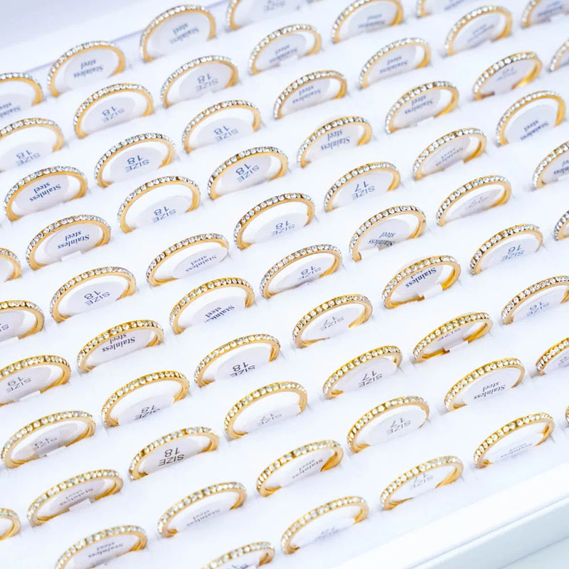 10Pcs/Lot Fashion Classic Rhinestone Stainless Steel Rings For Women Simple Shiny Colorful Finger Jewelry Wedding Party Gifts