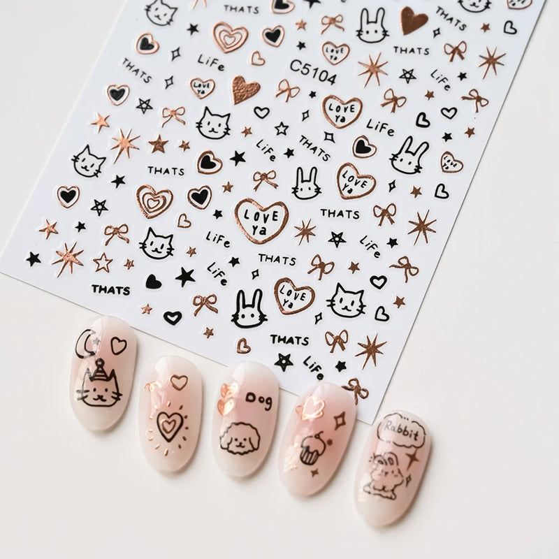 Laser Silver 3D Kawaii Cute Cat Nail Stickers Holographic Cartoon Puppy Dog Graffiti Design Sliders Decals Manicure Decoration