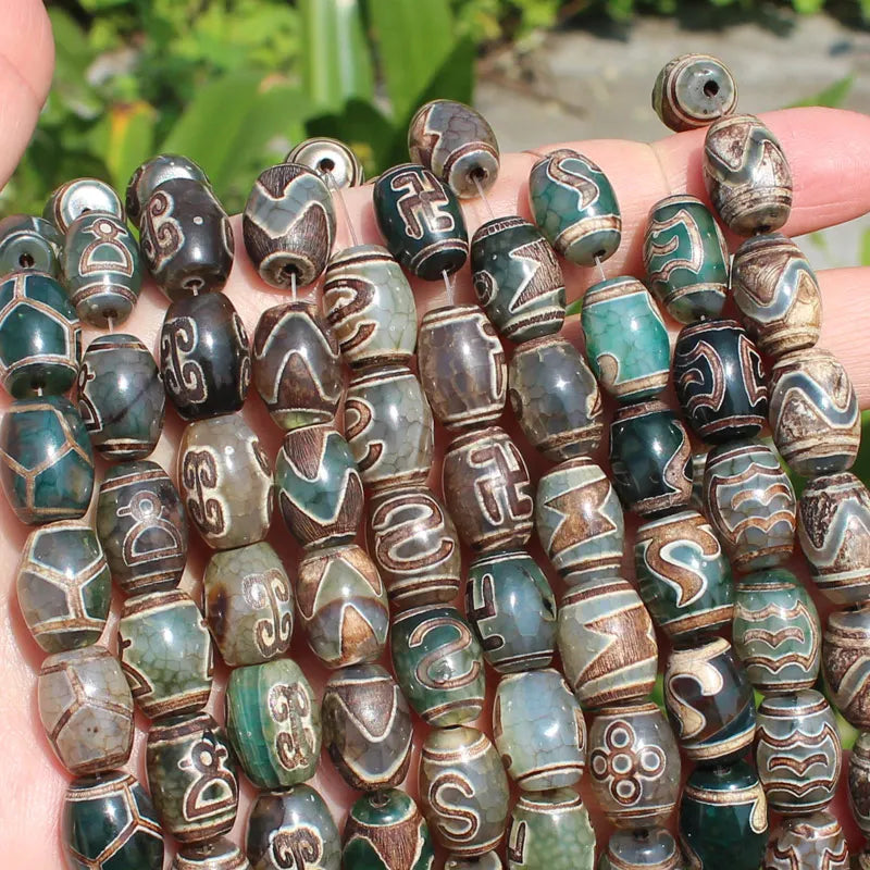 8pcs ,10x14mm Natural Green Agate Ancient Tibet Dzi beads, Many patterns, For DIY Jewelry making !
