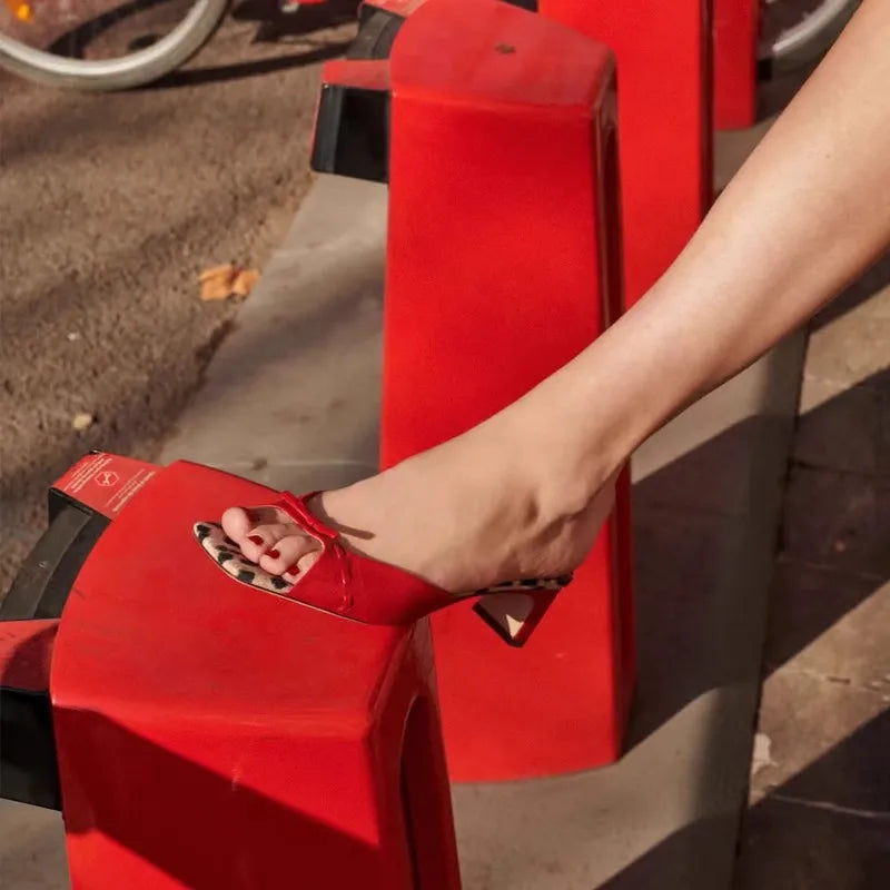 French Square Toe Heeled Open-toe Sandals Women's Retro Versatile Block Heel Straight Bow Sandals Women  Shoes