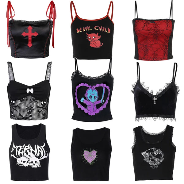 E-girl Gothic Grunge Corset Vintage Women Crop Top Lace Trim Black Cami Top Harajuku Retro Mini Vest Punk Style Emo Alt Clothes