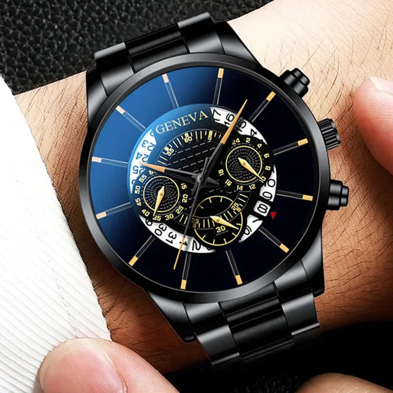 Luxury Hollow Out Men's Watches Fashion Business Calendar Blue Stainless Steel Mesh Belt Analog Quartz Watch Relogio Masculino