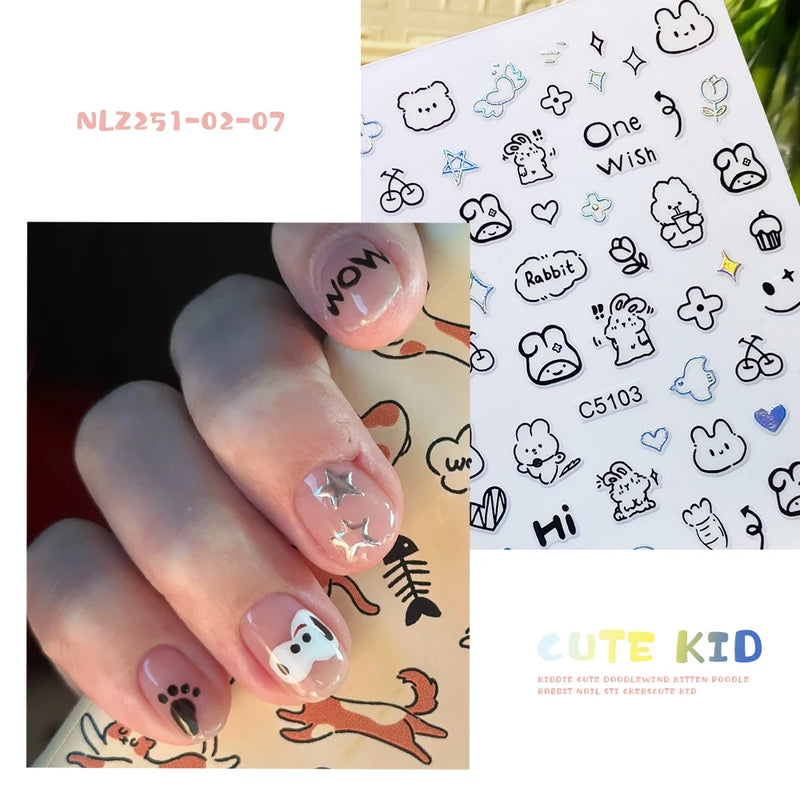 Laser Silver 3D Kawaii Cute Cat Nail Stickers Holographic Cartoon Puppy Dog Graffiti Design Sliders Decals Manicure Decoration