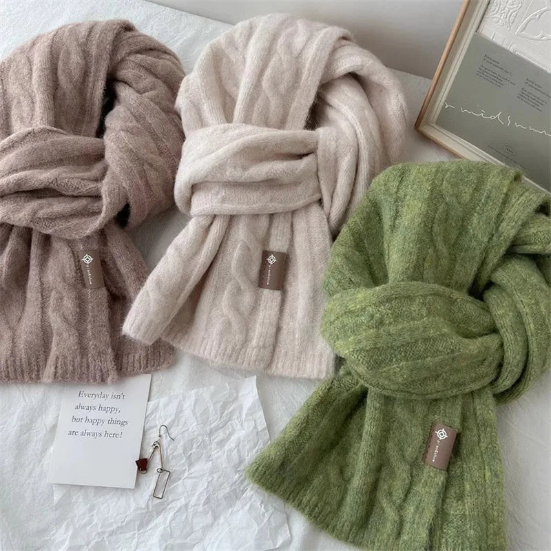 Pure Color Twist Knit Wool Blends Scarf Autumn Winter Lady Men Neckerchief Lovers Student Soft Warm Pashmina Shawl Muffler