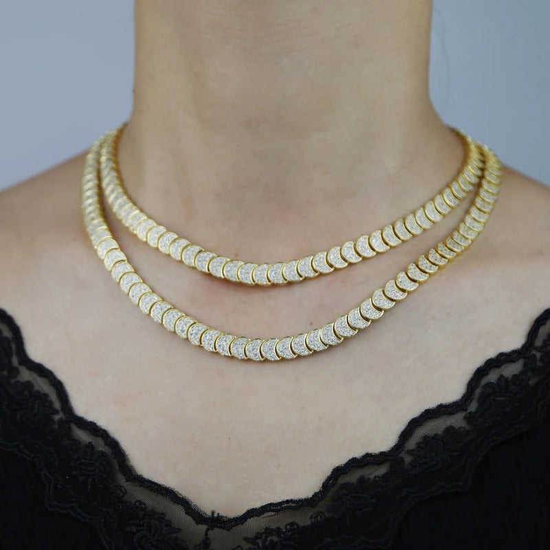 Moon Charm Shaped Chain Bracelet Necklace Gold Color Pave CZ Shiny Polished Fashion European Women Girl Jewelry Set