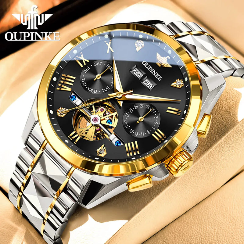 OUPINKE 3240 Automatic Watches Men 44mm Large Dial Tungsten Steel Strap Skeleton Flywheel Mechanical Watch for Men Luxury Watch