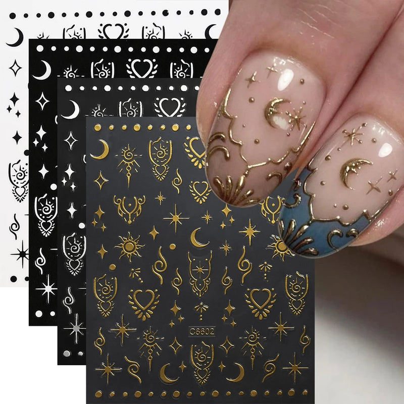 4Sheets Moon Star Heart Sun Mysterious Celestial Design Nail Art Stickers Self Adhesive Manicure Sliders For Nail Art Decoration
