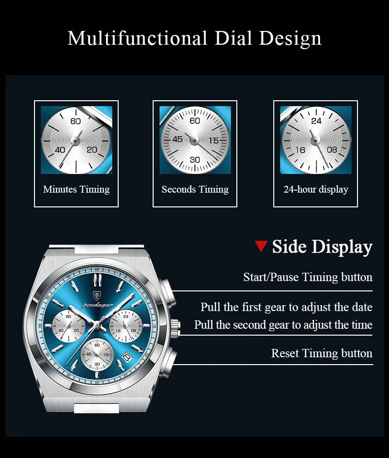 POEDAGAR Luxury Man Quartz Watch Waterproof Luminous Date Chronograph Watches For Men Stainless Steel Fashion Men's Watch Reloj