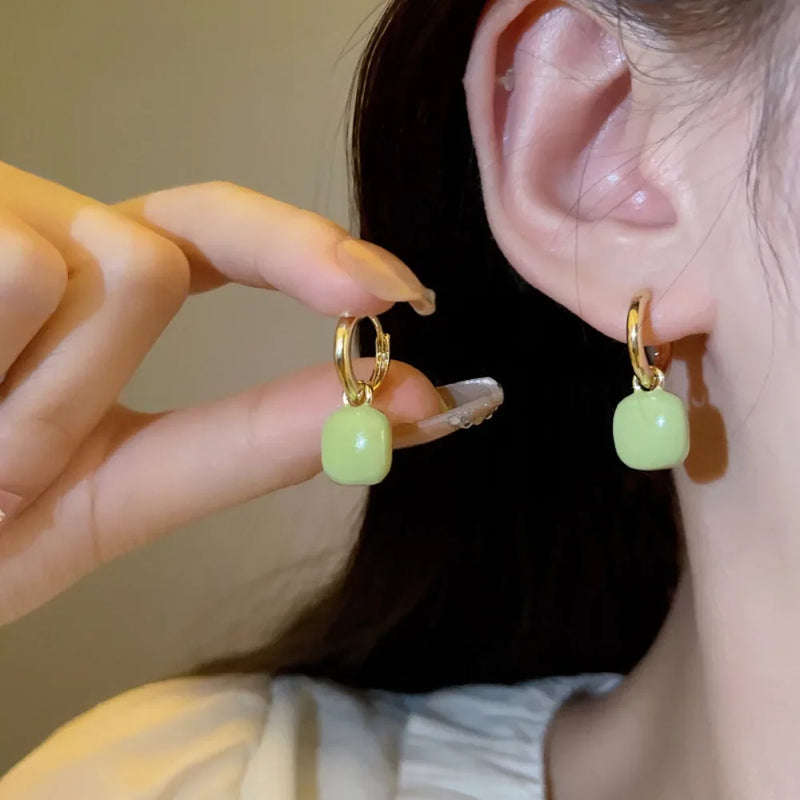 Korean Fashion Sweet Cute Heart Square Dangle Geometric Earrings for Women Green White Temperament Earrings Party Jewelry Gifts