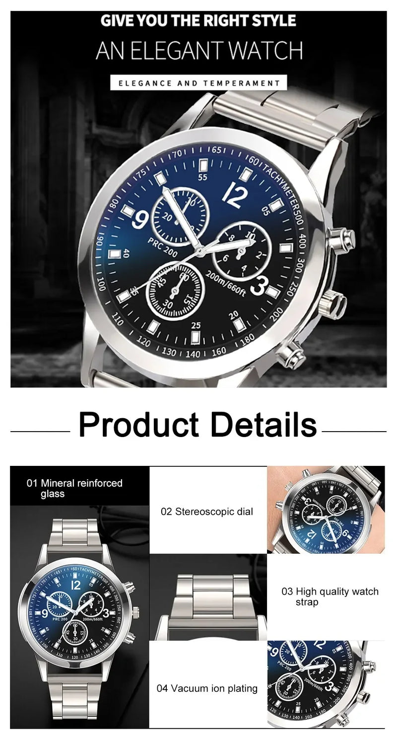 Fashion Mens Bracelet Watches Set Luxury Men Sports Silver Stainless Steel Quartz Watch Man Business Casual Wrist Watch
