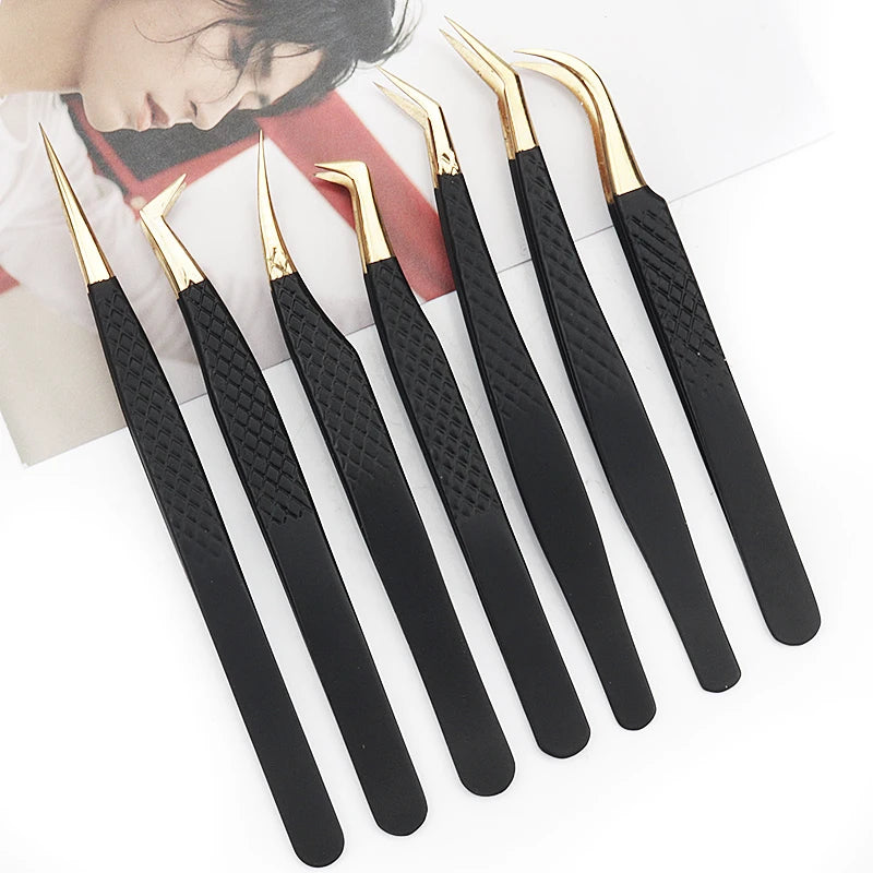 Eyelash Tweezer Black Stainless Steel Superhard Precision Anti-Static Tweezers Grafting Lashes Extension Supplies Makeup Tools