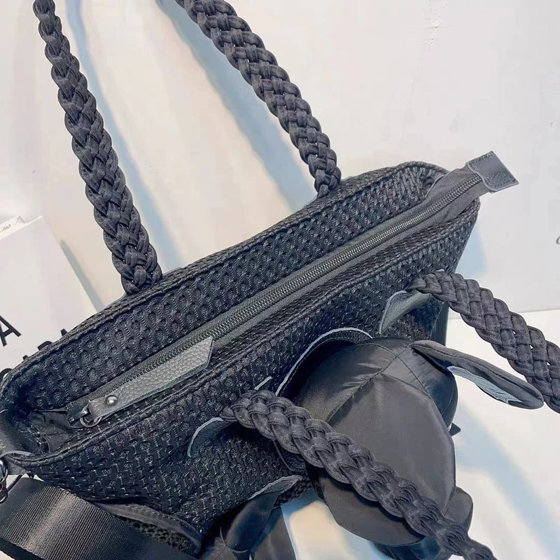 Women's shoulder casual large handbag mesh fabric cowhide large capacity commuting bag crossbody large doll bag For Women ladies