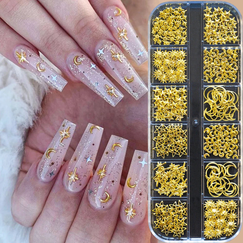 1000Pcs Gold Star Moon Glitter Nail Charms Metal Tips Slice Rivet DIY 3D FlatBack Nail Art Decorations Nails Jewelry Accessories