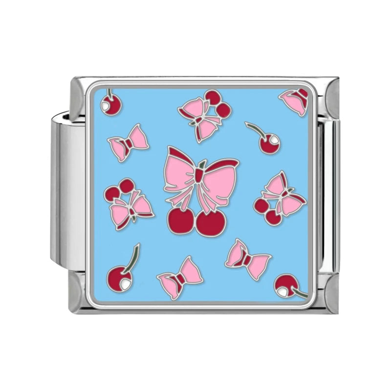 Sweet Red Cherry Bow Knot Heart Pendant Cherry Italian Charm Links Fit 9mm Stainless Steel Bracelet Women Jewelry DIY Making