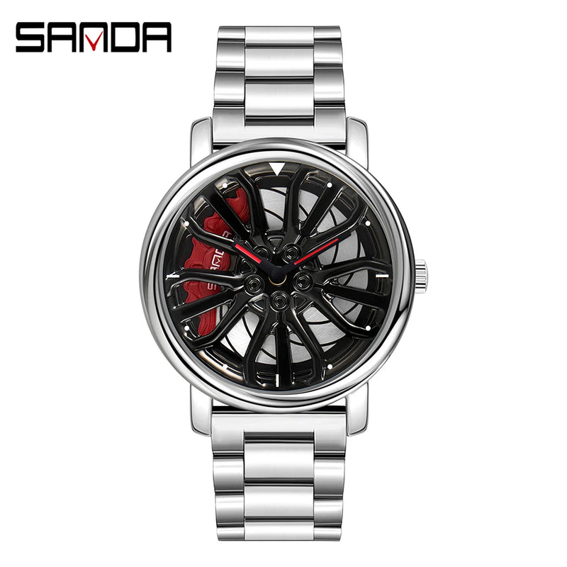 Hot Sell Fashion Men Quartz WristWatch Creative 360 Degree Rotating Car Wheel Quartz Watch Leather Waterproof Rim Hub Clock Men